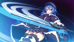 Rule 34 | 1girl, aristear remain, astronauts, astronauts comet, blue eyes, blue hair, blush, breasts, fingerless gloves, furukawa mai, game cg, garter straps, hat, highres, holding, holding sword, kokusan moyashi, legs, long hair, looking at viewer, matching hair/eyes, parted lips, rozea, simple background, skirt, solo, standing, sword, thighhighs, thighs, weapon