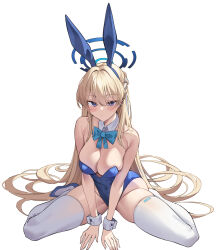 Rule 34 | 1girl, animal ears, bare shoulders, blonde hair, blue archive, blue bow, blue eyes, blue hairband, blue leotard, bow, bowtie, braid, breasts, detached collar, fake animal ears, full body, hairband, highleg, highleg leotard, highres, k pring, leotard, long hair, medium breasts, official alternate costume, official alternate hairstyle, playboy bunny, rabbit ears, simple background, sitting, solo, strapless, strapless leotard, thighs, toki (blue archive), toki (bunny) (blue archive), very long hair, wariza, white background, wrist cuffs