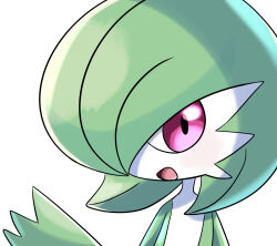 Rule 34 | 1girl, a (pixiv 72325308), blush, bob cut, colored skin, creatures (company), female focus, flat chest, game freak, gardevoir, gen 3 pokemon, green hair, green skin, hair over one eye, hand up, happy, highres, light blush, looking at viewer, multicolored skin, nintendo, one eye covered, open mouth, pink eyes, pokemon, pokemon (creature), portrait, short hair, simple background, smile, solo, two-tone skin, waving, white background, white skin