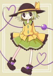 Rule 34 | 1girl, arms at sides, asameshi, bare legs, beige background, black eyes, black footwear, black hat, blouse, blush, blush stickers, boots, bright pupils, buttons, closed mouth, commentary, diamond button, frilled shirt collar, frilled skirt, frilled sleeves, frills, full body, green hair, green skirt, hat, hat ribbon, heart, heart of string, highres, komeiji koishi, long sleeves, looking to the side, ribbon, shirt, short hair, simple background, skirt, sleeves past fingers, sleeves past wrists, smile, solo, third eye, touhou, white pupils, wide sleeves, yellow background, yellow ribbon, yellow shirt