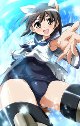 Rule 34 | 1girl, animal ears, armpits, brown eyes, brown hair, highres, miyafuji yoshika, no pants, nomal, one-piece swimsuit, open mouth, outstretched arm, outstretched hand, reaching, school swimsuit, school uniform, short hair, solo, strike witches, striker unit, swimsuit, swimsuit under clothes, tail, world witches series