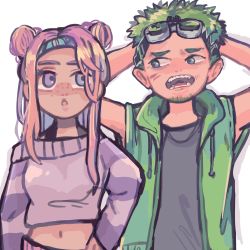 Rule 34 | 1boy, 1girl, :o, alternate costume, animification, apex legends, arms behind head, black shirt, blue eyes, blue hairband, dark-skinned female, dark skin, double bun, freckles, goggles, goggles on head, green eyes, green hair, green hoodie, hair bun, hairband, highres, hood, hoodie, lifeline (apex legends), looking up, midriff, navel, octane (apex legends), oinu-chan, open mouth, pink hair, purple sweater, shirt, sketch, sleeveless, sleeveless hoodie, sleeveless shirt, sweater, white background