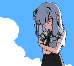 Rule 34 | ++ (9oafxjjhuktkdef), 1girl, alternate costume, black skirt, blue sky, blunt bangs, bouquet, closed mouth, cloud, collared shirt, commentary, contrail, cowboy shot, flower, grey hair, hair intakes, hair ribbon, head down, holding, holding bouquet, kotonoha aoi, lily (flower), looking at viewer, low-tied sidelocks, hugging object, pink eyes, pixel art, raised eyebrows, ribbon, shirt, shirt tucked in, short sleeves, sidelighting, sidelocks, skirt, sky, solo, sweat, upturned eyes, very sweaty, voiceroid, wet, wet clothes, wet shirt, white flower, white shirt
