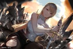 Rule 34 | armor, battlefield, belt, black pantyhose, black shorts, blonde hair, bracelet, breasts, commission, commissioner name, fukuda935, full armor, holding, holding sword, holding weapon, jewelry, large breasts, long hair, looking at viewer, necklace, original, pantyhose, parted lips, red eyes, shirt, shorts, signature, sitting, skeb commission, sleeveless, sleeveless shirt, solo focus, sunset, sword, torn clothes, torn pantyhose, weapon, white shirt