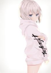 Rule 34 | 1girl, afterglow (bang dream!), aoba moca, bang dream!, blue eyes, blush, closed mouth, clothes writing, from side, grey background, hair between eyes, highres, hood, hood down, hoodie, komomo (ptkrx), long sleeves, looking at viewer, looking to the side, puffy long sleeves, puffy sleeves, short hair, simple background, sleeves past wrists, smile, solo, standing, thighs, white hair, white hoodie