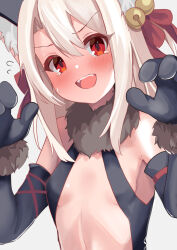 Rule 34 | 1girl, animal ear fluff, animal ears, animal hands, bare shoulders, bell, black gloves, black leotard, blush, breasts, cat ears, cat tail, center opening, elbow gloves, fake animal ears, fate/kaleid liner prisma illya, fate (series), fur collar, gloves, hair between eyes, hair ribbon, highres, illyasviel von einzbern, illyasviel von einzbern (beast style), jingle bell, leotard, long hair, looking at viewer, open mouth, pan korokorosuke, paw gloves, red eyes, ribbon, sidelocks, small breasts, smile, solo, tail, tearing up, white hair