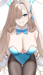 Rule 34 | 1girl, animal ears, aqua leotard, asuna (blue archive), asuna (bunny) (blue archive), black pantyhose, blue archive, blue bow, blue bowtie, blue eyes, blue leotard, bow, bowtie, breasts, cleavage, detached collar, fake animal ears, gloves, hair over one eye, halo, highleg, highleg leotard, highres, large breasts, leotard, light brown hair, looking at viewer, mole, mole on breast, nyuu (pixiv12143565), official alternate costume, pantyhose, playboy bunny, rabbit ears, smile, solo, strapless, strapless leotard, thigh gap, thighband pantyhose, thighs, traditional bowtie, white background, white gloves