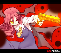 Rule 34 | &gt;:), 1girl, breasts, demon wings, finger on trigger, gun, handgun, head wings, heterochromia, holding, holding gun, holding weapon, koakuma, kuresento, large breasts, left-handed, red eyes, red hair, sketch, solo, touhou, uneven eyes, v-shaped eyebrows, weapon, wings, yellow eyes