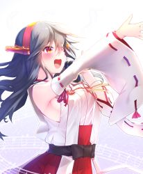 Rule 34 | 1girl, bare shoulders, blush, detached sleeves, from side, grey hair, hair ornament, hairband, hairclip, haruna (kancolle), headgear, highres, holding, holding microphone, japanese clothes, kantai collection, long hair, microphone, music, musical note, nontraditional miko, open mouth, red skirt, ribbon-trimmed sleeves, ribbon trim, singing, skirt, smile, solo, tsukui kachou, wide sleeves
