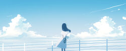 Rule 34 | 1girl, amenomori howa, black hair, blue sky, cloud, cloudy sky, contrail, cumulonimbus cloud, dress, facing ahead, feet out of frame, floating hair, flower, from behind, highres, holding, holding behind back, holding flower, long hair, original, outdoors, own hands together, railing, scenery, short sleeves, sky, solo, straight hair, white dress, wide shot, wind