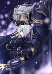 Rule 34 | 1990s (style), 2boys, armor, bad id, bad pixiv id, bishounen, brothers, cape, cecil harvey, dissidia final fantasy, final fantasy, final fantasy iv, gloves, golbez, grey eyes, height difference, hug, hug from behind, male focus, miyano (homura-mk), multiple boys, pauldrons, retro artstyle, shoulder armor, siblings, smile, surprised, white hair