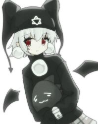 Rule 34 | 1girl, black hat, black sweater, black wings, closed mouth, cosgaso, cowboy shot, detached wings, dutch angle, hat, hexagram, highres, jester cap, looking at viewer, mayura, red eyes, short hair, simple background, sleeves past fingers, sleeves past wrists, solo, star of david, sweater, turtleneck, turtleneck sweater, ukagaka, white hair, wings