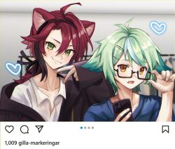 Rule 34 | 2boys, animal ears, blue shirt, bow, cat boy, cat ears, cellphone, closed mouth, couple, genderswap, genderswap (ftm), genshin impact, glasses, green eyes, green hair, hair between eyes, highres, hood, hoodie, iphone, looking at viewer, male focus, multicolored hair, multiple boys, nvttian, open mouth, phone, pov, red bow, red hair, shikanoin heizou, shirt, short hair, smartphone, smile, streaked hair, sucrose (genshin impact), swedish text, t-shirt, white shirt, yellow eyes