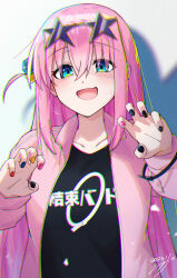 Rule 34 | 1girl, 2023, absurdres, black shirt, blue eyes, blush, bocchi the rock!, breasts, chromatic aberration, claw pose, dated, eyewear on head, gotoh hitori, highres, jacket, large breasts, looking at viewer, nail polish, open clothes, open jacket, open mouth, pink hair, seisyuntarotto, shaded face, shirt, smile, solo, star-shaped eyewear, star (symbol), sunglasses, sweatdrop, track jacket, upper body