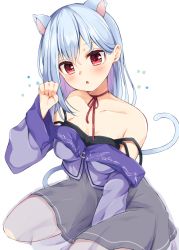 Rule 34 | 1girl, :o, animal ears, between legs, black dress, blue hair, blue jacket, cat ears, cat girl, cat tail, commentary request, dress, fang, hair between eyes, hakase fuyuki, hakase fuyuki (4th costume), hand between legs, hand up, jacket, long hair, long sleeves, looking at viewer, maki soutoki, multicolored hair, nijisanji, off-shoulder jacket, off shoulder, parted lips, pink hair, red eyes, see-through, simple background, sitting, sleeveless, sleeveless dress, solo, strap slip, tail, two-tone hair, virtual youtuber, wariza, white background, wide sleeves