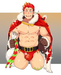 Rule 34 | 1boy, abs, absurdres, bara, bare pectorals, belt, black belt, blush, bulge, cape, christmas, cropped legs, fur-trimmed cape, fur trim, gift bag, green eyes, highres, large pectorals, male focus, male underwear, muscular, muscular male, navel, nipples, official alternate costume, pectorals, pollux (housamo), red cape, santa costume, smile, solo, sparkle, stomach, thick thighs, thighs, tokyo houkago summoners, underwear, yellow eyes, yuufreak