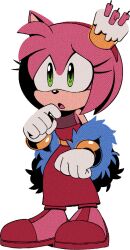 Rule 34 | 1girl, amy rose, animal ears, animal nose, bare shoulders, bob cut, body fur, cake, candle, clenched hand, digimin, dress, ear covers, feather boa, female focus, flat chest, food, food on head, full body, furry, furry female, gloves, green eyes, hairband, hand to own mouth, hand up, long dress, non-web source, object on head, official art, open mouth, pink fur, pink hair, red dress, red footwear, red hairband, sash, shoes, short hair, sidelocks, simple background, single ear cover, sleeveless, sleeveless dress, solo, sonic (series), standing, the murder of sonic the hedgehog, transparent background, white gloves
