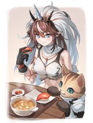 Rule 34 | 1girl, arknights, bare shoulders, black gloves, blue eyes, bowl, breasts, brown hair, cat, closed mouth, commentary request, fake horns, felyne, fish (food), food, gloves, highres, holding, holding food, horns, kirin (armor), kirin r yato (arknights), large breasts, long hair, midriff, monster hunter (series), multicolored hair, nigirizushi, open mouth, plate, pointy ears, smile, sushi, table, tanagawa makoto, terra research commission (arknights), yato (arknights)