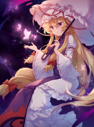 Rule 34 | 1girl, arm strap, blurry, blurry background, bow, breasts, bug, butterfly, closed eyes, closed mouth, depth of field, dress, flame print, floating, frilled dress, frilled sleeves, frills, gap (touhou), hair between eyes, hair bow, hand up, hat, hat ribbon, highres, holding, holding umbrella, insect, light particles, lios (suimenglin), long hair, long sleeves, looking at viewer, medium breasts, mob cap, pink butterfly, puffy long sleeves, puffy sleeves, purple eyes, purple theme, pyramid (geometry), red ribbon, ribbon, ribbon trim, shapes, sidelocks, sitting, smile, solo, tabard, touhou, transparent butterfly, umbrella, very long hair, white dress, white hat, wide sleeves, yakumo yukari, yin yang, yin yang print