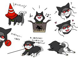 Rule 34 | animal, animalization, box, cardboard box, cheek pull, cheek squash, coke-bottle glasses, collar, dog, fang, glasses, hood, hood up, jacket, kyuu (ost), leash, let it die, mouth hold, opaque glasses, tail, traffic cone, traffic cone on head, translated, uncle death, white background, x anus