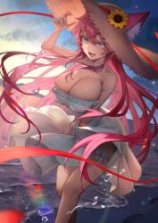 Rule 34 | 1girl, absurdres, animal ear fluff, animal ears, bare shoulders, blue eyes, breasts, brown hat, cleavage, cloud, collarbone, commentary request, dawn, dress, fang, flower, garter straps, hair between eyes, hakusyokuto, hat, highres, large breasts, long hair, looking at viewer, ocean, off shoulder, open mouth, original, outdoors, pink hair, sky, smile, solo, straw hat, sunflower, white dress
