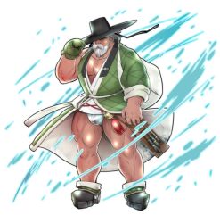 Rule 34 | 1boy, bara, beard, bulge, chest hair, facial hair, full body, fundoshi, gloves, green kimono, hat over one eye, japanese clothes, kimono, large pectorals, looking at viewer, male focus, mature male, muscular, muscular male, mustache, old, old man, original, pectoral cleavage, pectorals, penis, penis peek, see-through, short hair, sidekicr, single glove, solo, standing, strongman waist, thick eyebrows, thick mustache, thick thighs, thighs, wet, wet clothes, wet fundoshi, white hair
