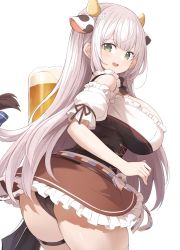 Rule 34 | 1girl, alcohol, animal ears, ass, beer, beer mug, blush, breasts, cow ears, cow horns, cup, dress, frilled dress, frills, green eyes, grey hair, hair between eyes, highres, hololive, horns, huge breasts, large breasts, long hair, looking at viewer, mole, mole on breast, mou tama maru, mug, open mouth, shirogane noel, shirogane noel (dirndl), smile, solo, thick thighs, thigh strap, thighs, virtual youtuber