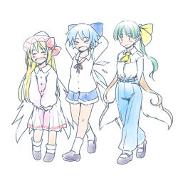 Rule 34 | 3girls, black footwear, blonde hair, blue bow, blue hair, blue pants, blue shorts, blush, bow, cirno, closed eyes, closed mouth, daiyousei, detached wings, dress, fairy, fairy wings, full body, green hair, hair bow, hat, ice, ice wings, lily white, long hair, long sleeves, multiple girls, open mouth, pants, rangycrow, shoes, short hair, shorts, side ponytail, simple background, smile, socks, touhou, white background, white dress, white headwear, white socks, wings