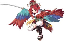 Rule 34 | 1girl, benienma (fate), benienma (third ascension) (fate), bird hat, bridal gauntlets, fate/grand order, fate (series), feathers, full body, katana, leg armor, low ponytail, platform footwear, red eyes, red hair, sheath, shiseki hirame, solo, sword, thighhighs, weapon, wide sleeves