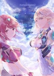 2girls absurdres armor blonde_hair breasts cleavage cleavage_cutout clothing_cutout covered_navel earrings fingerless_gloves gem gloves headpiece highres jewelry large_breasts long_hair looking_at_viewer mirin. multiple_girls mythra_(xenoblade) nintendo pyra_(xenoblade) red_eyes red_hair red_shorts short_hair shorts simple_background sky smile swept_bangs thigh_strap tiara xenoblade_chronicles_(series) xenoblade_chronicles_2 yellow_eyes