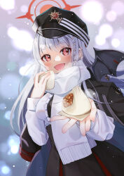 Rule 34 | 1girl, absurdres, baozi, black coat, black hat, black wings, blue archive, blush, braid, breasts, coat, fake wings, food, fringe trim, grey hair, halo, haruna (blue archive), hat, highres, holding, holding food, kurape (pat1na), large breasts, long hair, long sleeves, looking at viewer, open mouth, red eyes, red halo, scarf, side braid, single wing, smile, solo, white scarf, wings