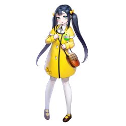 Rule 34 | 1girl, andvari (last origin), black hair, blush, bow, bumcha, full body, game cg, green eyes, hair bow, highres, kindergarten uniform, last origin, long hair, looking at viewer, mary janes, name tag, official art, open mouth, school uniform, shoes, smock, solo, tachi-e, transparent background, twintails