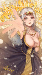 Rule 34 | 1girl, beatrice (crusaders quest), breasts, cleavage, crusaders quest, dated, flower, grey eyes, highres, jewelry, large breasts, long hair, looking at viewer, necklace, outstretched hand, silver hair, smile, solo, squidsmith