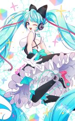 Rule 34 | 1girl, absurdly long hair, aqua eyes, aqua hair, bad id, bad pixiv id, boots, dress, gloves, hatsune miku, headphones, high heels, knee boots, long hair, looking at viewer, looking back, magical mirai (vocaloid), magical mirai miku, magical mirai miku (2016), one eye closed, open mouth, pantyhose, saltycaramel, solo, twintails, twitter username, very long hair, vocaloid, white background