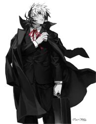 Rule 34 | 1boy, artist name, black jack (character), black jack (series), briefcase, closed mouth, coat, coat on shoulders, collared shirt, expressionless, facial scar, hair over one eye, holding, holding briefcase, indesign, long sleeves, looking away, male focus, monochrome, multicolored hair, neck ribbon, red ribbon, ribbon, scar, scar on cheek, scar on face, shirt, short hair, simple background, solo, split-color hair, spot color, trench coat, twitter username, two-tone hair