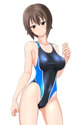 Rule 34 | 1girl, absurdres, black eyes, black one-piece swimsuit, breasts, brown eyes, cameltoe, collarbone, commentary request, competition swimsuit, contrapposto, covered navel, cowboy shot, girls und panzer, head out of frame, highleg, highleg swimsuit, highres, large breasts, looking at viewer, medium breasts, nishizumi maho, one-piece swimsuit, short hair, simple background, solo, swimsuit, takafumi, two-tone swimsuit, white background