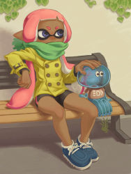 Rule 34 | 1girl, belt, belt buckle, bench, bike shorts, black shorts, blue footwear, blunt bangs, breasts, buckle, buttons, coat, dark skin, double-breasted, eyebrows, full body, grass, green scarf, hand on another&#039;s head, hand on another&#039;s leg, inkling, inkling girl, inkling player character, jellyfish (splatoon), knees apart feet together, leaf, long hair, long sleeves, looking away, natto soup, nintendo, pink hair, pointy ears, purple eyes, scarf, shoelaces, shoes, shorts, sitting, small breasts, sneakers, splatoon (series), splatoon 1, tentacle hair, yellow belt, yellow coat