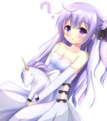 Rule 34 | 1girl, ?, azur lane, blush, breasts, collarbone, commentary request, detached sleeves, dress, gloves, kedama (kedama akaza), long hair, looking at viewer, hugging object, purple eyes, purple hair, small breasts, solo, stuffed animal, stuffed toy, stuffed unicorn, stuffed winged unicorn, unicorn (azur lane), white background, white dress, white gloves