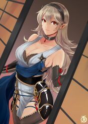 Rule 34 | 1girl, black choker, black hairband, breasts, choker, cleavage, closed mouth, commentary, commission, corrin (female) (fire emblem), corrin (fire emblem), english commentary, fire emblem, fire emblem fates, fire emblem heroes, grey hair, grey kimono, hair between eyes, hairband, highres, japanese clothes, kimono, long hair, looking at viewer, medium breasts, ninja, nintendo, obi, official alternate costume, pelvic curtain, pointy ears, red eyes, revolverwing, sash, short kimono, smile, solo, thighs