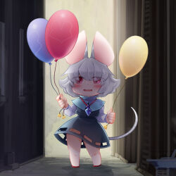 Rule 34 | 1girl, alley, animal ears, balloon, bbb (33kudo), blue capelet, blush, capelet, commentary request, crystal, eyes visible through hair, flat chest, full body, grey hair, grey skirt, grey vest, hair between eyes, highres, holding, holding balloon, jewelry, long sleeves, looking at viewer, medium bangs, mouse ears, mouse girl, mouse tail, nazrin, no panties, open mouth, pendant, red eyes, shirt, short hair, skirt, smile, solo, standing, tail, touhou, vest, white shirt