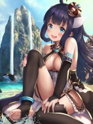 Rule 34 | 1girl, :d, ahoge, animal, anklet, bare shoulders, beach, blue eyes, blue sky, blunt bangs, blush, breasts, bridal gauntlets, brooch, cave, cleavage, cleavage cutout, clothing cutout, commentary request, crown, day, feet, frills, garter straps, heart, jewelry, knee up, long hair, looking at viewer, medium breasts, no shoes, on ground, open mouth, orca, original, outstretched arms, pointy ears, purple hair, round teeth, sitting, sky, sleeveless, smile, soles, solo, stirrup legwear, straight hair, sunlight, tareme, teeth, toeless legwear, toes, upper teeth only, very long hair, water, waterfall, whistle, whistle around neck, yuririn poi