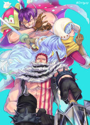Rule 34 | 1girl, 2boys, abs, aqua background, armlet, bare arms, bare pectorals, bare shoulders, black gloves, black pants, black vest, blue eyes, blue hair, brother and sister, brothers, brown gloves, burn scar, cape, charlotte cracker, charlotte katakuri, charlotte smoothie, chest tattoo, covered mouth, elbow gloves, evil grin, evil smile, foreshortening, gloves, grin, hair between eyes, hair over one eye, half-closed eyes, highres, holding, holding polearm, holding spear, holding sword, holding weapon, index finger raised, lips, living (pixiv5031111), long hair, long sleeves, looking at viewer, looking back, looking down, manly, multiple boys, muscular, muscular male, one piece, open clothes, open vest, outstretched arm, pants, parted lips, pectorals, polearm, polka dot, purple eyes, purple hair, purple lips, red eyes, red hair, scar, scar across eye, scar on face, scarf, scarf over mouth, short hair, siblings, simple background, smile, spear, spiked armlet, spikes, stitches, stomach tattoo, sword, tattoo, topless male, twintails, twitter username, very long hair, vest, weapon