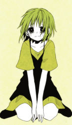 Rule 34 | 1girl, anzu (o6v6o), between legs, blush, clenched teeth, collarbone, crying, dress, green hair, green theme, gumi, hand between legs, looking at viewer, shoes, short hair, short sleeves, simple background, sitting, solo, tears, teeth, vocaloid, yellow background