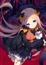 Rule 34 | 1girl, abigail williams (fate), bison cangshu, black bow, black hat, blonde hair, blue eyes, blush, bow, commentary request, dress, fate/grand order, fate (series), forehead, hair bow, hat, highres, hugging object, long hair, long sleeves, looking at viewer, multiple hair bows, orange bow, parted bangs, red background, sleeves past fingers, sleeves past wrists, smile, solo, stuffed animal, stuffed toy, teddy bear, tentacles, very long hair