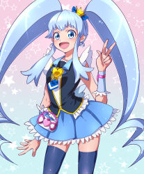 Rule 34 | 10s, 1girl, bad id, bad pixiv id, blue background, blue eyes, blue hair, blue skirt, blue thighhighs, brooch, crown, cure princess, earrings, eyelashes, gradient background, hair ornament, hair ribbon, happinesscharge precure!, happy, heart, heart brooch, highres, jewelry, long hair, looking at viewer, magical girl, matching hair/eyes, open mouth, pink background, precure, ribbon, shirayuki hime, shirt, skirt, smile, solo, standing, thighhighs, thighs, twintails, v, wrist cuffs, yamaki suzume, zettai ryouiki