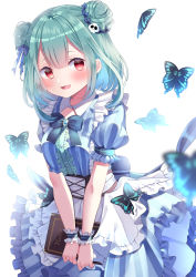 Rule 34 | 1girl, absurdres, apron, blue bow, blue bowtie, blue dress, blue ribbon, blush, bow, bowtie, bug, butterfly, commentary request, corset, double bun, dress, female focus, frilled apron, frilled dress, frills, green hair, hair bun, hair ornament, hair ribbon, highres, holding, holding menu, hololive, insect, looking at viewer, medium hair, menu, open mouth, puffy short sleeves, puffy sleeves, red eyes, ribbon, shokorate, short sleeves, skull hair ornament, smile, solo, uruha rushia, v arms, virtual youtuber, white apron, wrist cuffs