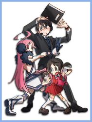 Rule 34 | 1boy, 2girls, ahoge, arms up, backless dress, backless outfit, backpack, bag, black eyes, black footwear, black gloves, black hair, black jacket, black pants, black suit, blue border, blue necktie, book, boots, border, brown footwear, closed mouth, commentary request, dress, formal, frown, full body, glasses, gloves, headset, heel up, highres, hiyama kiyoteru, holding, holding book, holding strap, huge ahoge, jacket, kaai yuki, knee boots, kneehighs, legs apart, long hair, long sleeves, looking at another, looking at viewer, looking back, looking to the side, multiple girls, nata shelf, necktie, open mouth, outstretched arm, pants, pigeon-toed, pink eyes, pink hair, raised eyebrows, seams, sf-a2 miki, shoes, short dress, short hair, simple background, sleeveless, sleeveless dress, smile, socks, suit, suit jacket, vocaloid, w, white background, white dress, white footwear, white socks, wrist cuffs