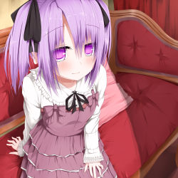 Rule 34 | 1girl, blush, collar, couch, dress, female focus, frills, hair ribbon, highres, lace, lace trim, original, pillow, purple dress, purple eyes, purple hair, red upholstery, ribbon, sitting, smile, solo, sunlight, toguro (ojui0101), twintails