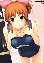 Rule 34 | 10s, 1girl, 3:, abe nana, absurdres, bow, brown eyes, hair bow, hands on own chest, highres, idolmaster, idolmaster cinderella girls, leaning forward, lips, looking at viewer, namco, one-piece swimsuit, orange hair, ponytail, scan, school swimsuit, solo, swimsuit, tanaka shoutarou