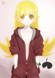 Rule 34 | 1girl, ahoge, araragi koyomi, arms at sides, artist name, blonde hair, blush stickers, borrowed clothes, closed mouth, collarbone, commentary, dated, flat chest, gradient background, green bracelet, hair over one eye, hands in pockets, hood, hood down, hoodie, huumoon, long hair, looking at viewer, midriff, monogatari (series), naked hoodie, navel, no bra, open clothes, open hoodie, oshino shinobu, partially unzipped, pink background, plunging neckline, red hoodie, ringed eyes, signature, sitting, smile, solo, unzipped, upper body, yellow eyes